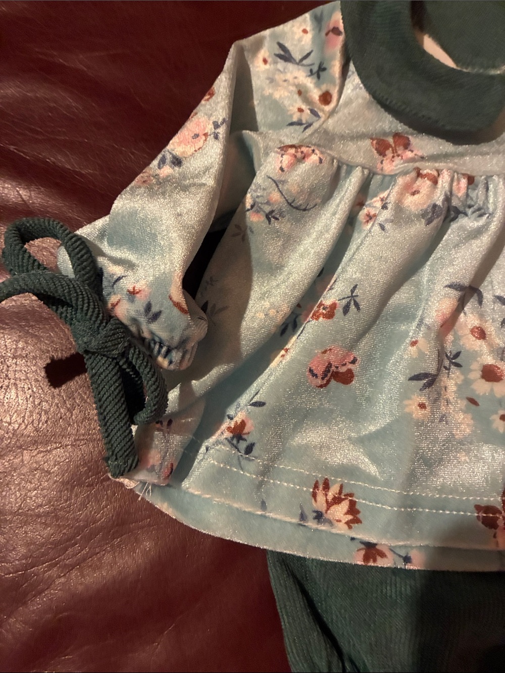 Girls Floral Blue Velvet Matching Set with Green Trim